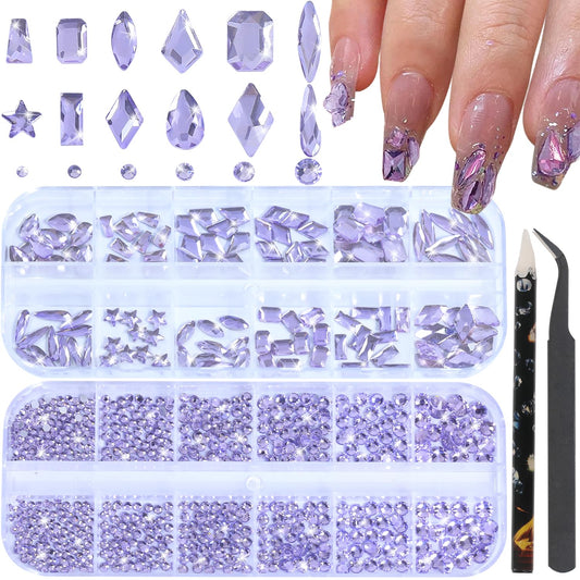 HNUIX Nail Rhinestones - 1600pcs 3D Multi Shape Size, Light Purple Nail Gems, Flat Back, with Kit, for Nail Art, DIY Decorations-BrightBean Baby