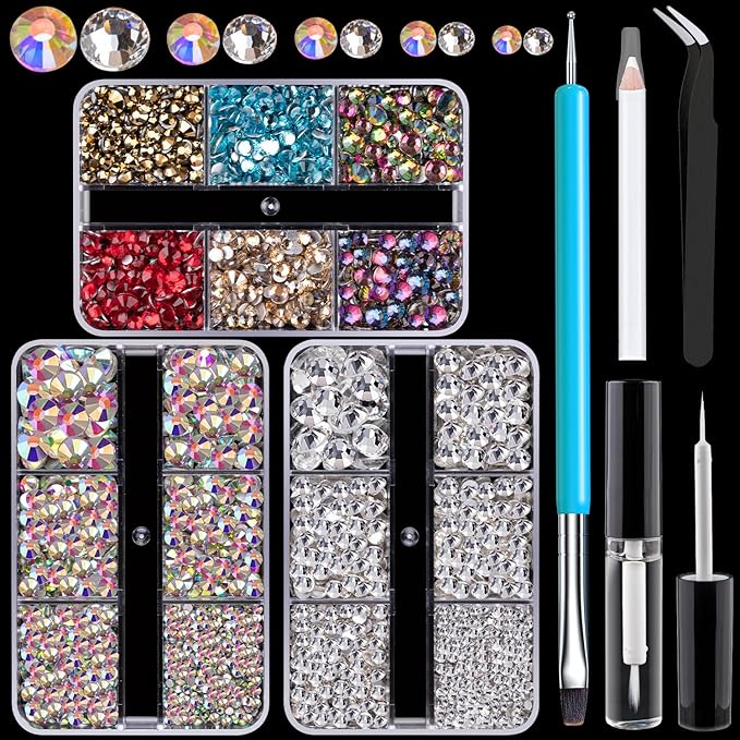 Colorful Face Gems for Makeup Set, Flatback Gorgeous AB+Clear+Mixed-colored Gem with Makeup Glue, Picker Pencil, Makeup Glue, Dual-End Dotting Tool, Tweezer for Eye Body Hair Make-up and Nail Art Deco-BrightBean Baby