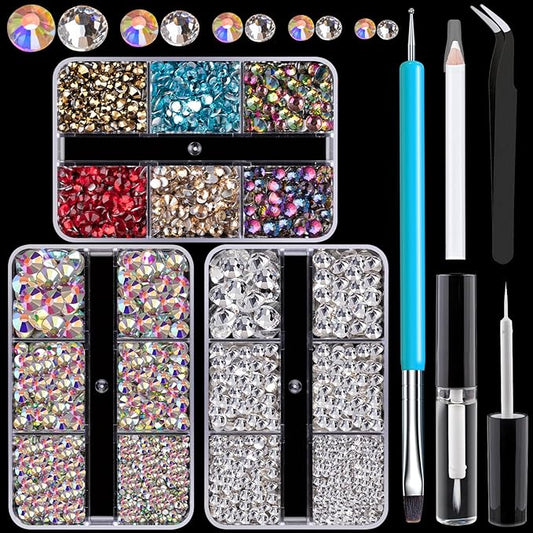 Colorful Face Gems for Makeup Set, Flatback Gorgeous AB+Clear+Mixed-colored Gem with Makeup Glue, Picker Pencil, Makeup Glue, Dual-End Dotting Tool, Tweezer for Eye Body Hair Make-up and Nail Art Deco-BrightBean Baby