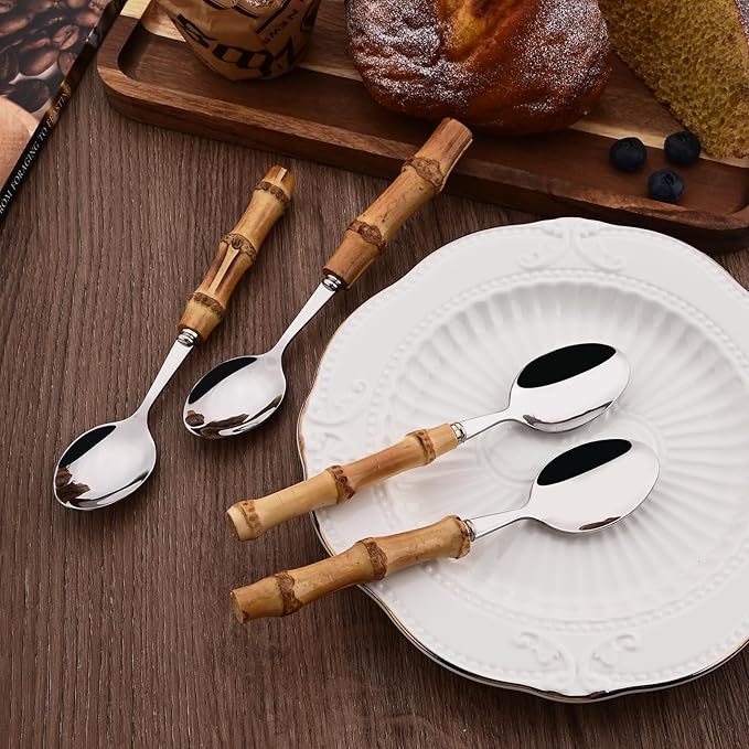 Dessert Spoon Set with Bamboo Handle, 8-Piece Stainless Steel Shiny Silver Dessert Spoon, Natural Bamboo Cutlery, Creative Design Small Spoons for Home Restaurant, 6.65 inch, Handcrafted