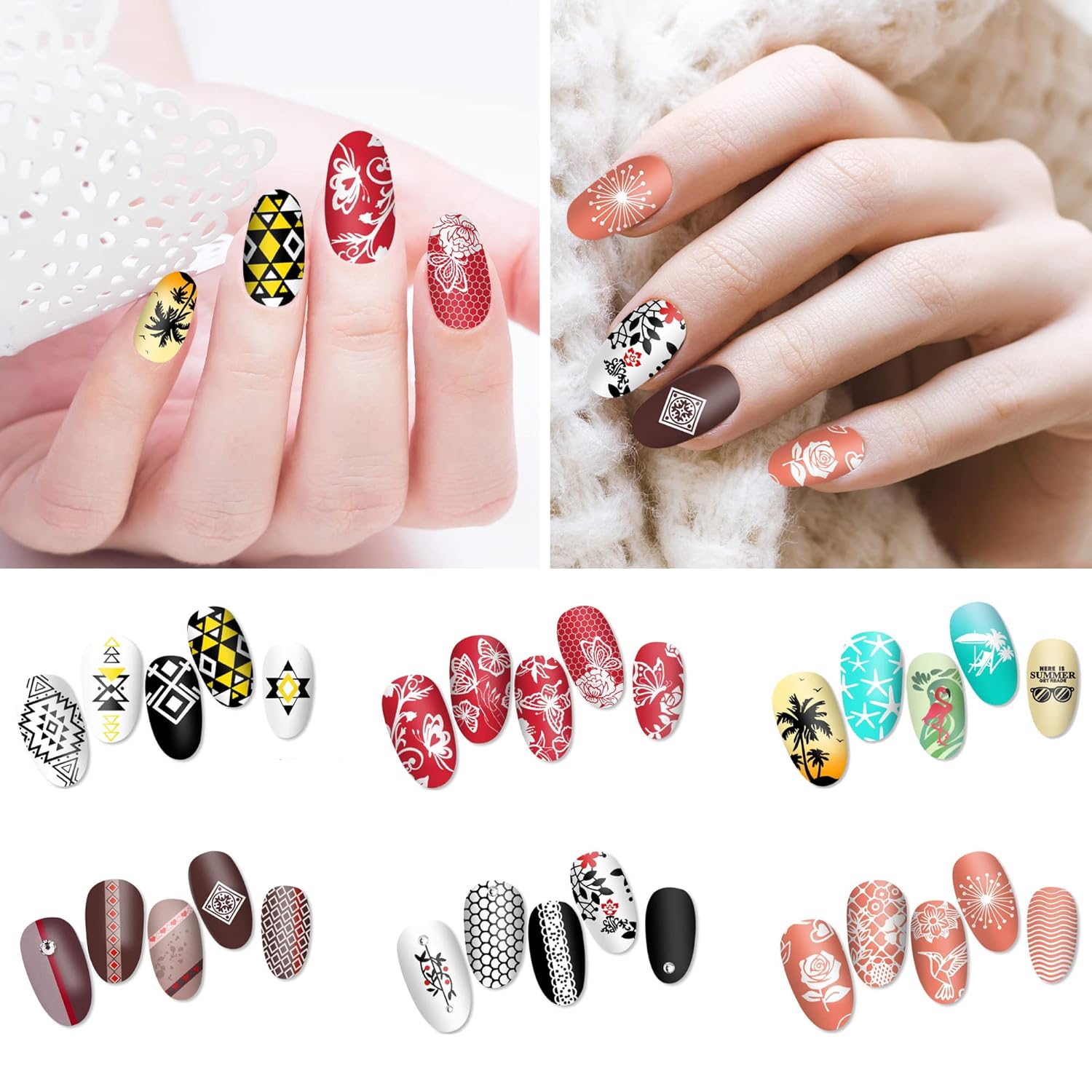 AddFavor Nail Stamper Kit 6pcs Flower Lace Nail Art Stamping Plate Butterfly Leaf Geometry Template with Silicone Nail Stamper and Scraper for Women Girls DIY Fingernail Manicure Stencils Tools-BrightBean Baby