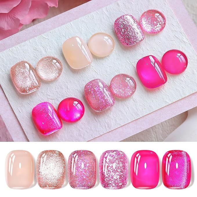Born Pretty Gel Nail Polish Pink Series,Jelly Transparent Gel Polish, Cat Magnetic Eye,Holographic Glitter Hot Pink Nude Gel Polish for Salon Manicure and Nail Art DIY at Home 6 Colors-BrightBean Baby