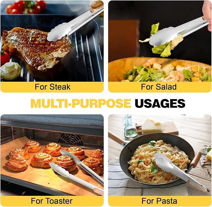 2 Pcs Tongs For Cooking - 9 Inch and 12 Inch, Stainless Steel Kitchen Tongs, Heat Resistant 1100°F, Pull Ring Lock, Solid Wood Handles, For Grilling, Barbecuing, Cooking