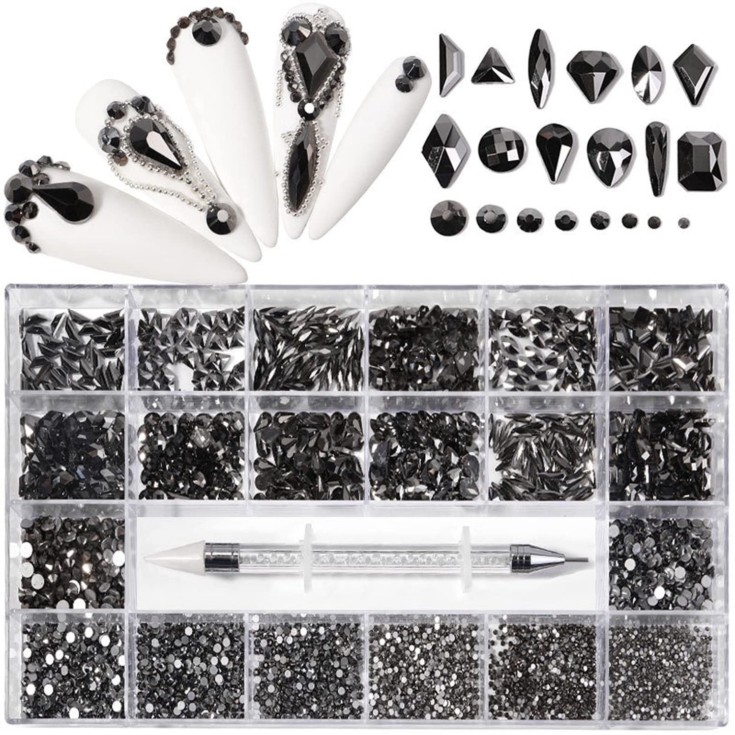 Nail Rhinestones Kit, Nail Art Decorations with Wax Pencil Flat AB Rhinestones Kit DIY Crafts Gemstones for Nail, Shoes, Clothes, Jewels (600 Black Diamonds + 2500 Flat Rhinestones)-BrightBean Baby