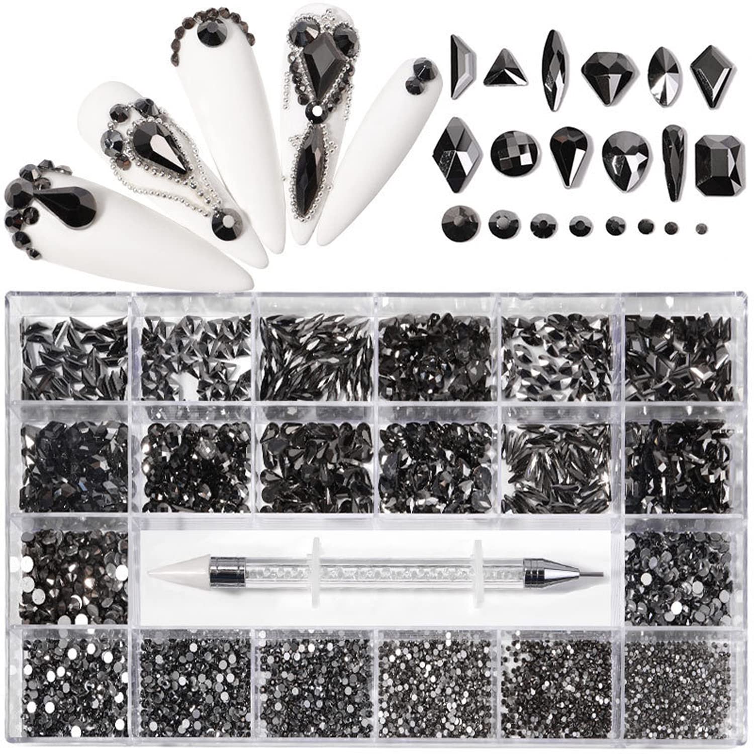 Nail Rhinestones Kit, Nail Art Decorations with Wax Pencil Flat AB Rhinestones Kit DIY Crafts Gemstones for Nail, Shoes, Clothes, Jewels (600 Black Diamonds + 2500 Flat Rhinestones)-BrightBean Baby