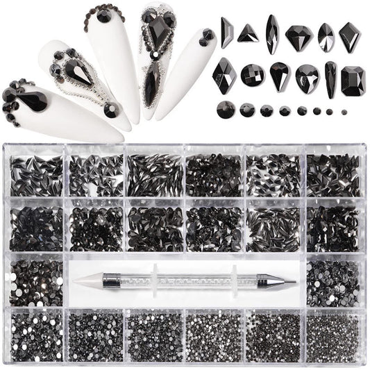 Nail Rhinestones Kit, Nail Art Decorations with Wax Pencil Flat AB Rhinestones Kit DIY Crafts Gemstones for Nail, Shoes, Clothes, Jewels (600 Black Diamonds + 2500 Flat Rhinestones)-BrightBean Baby