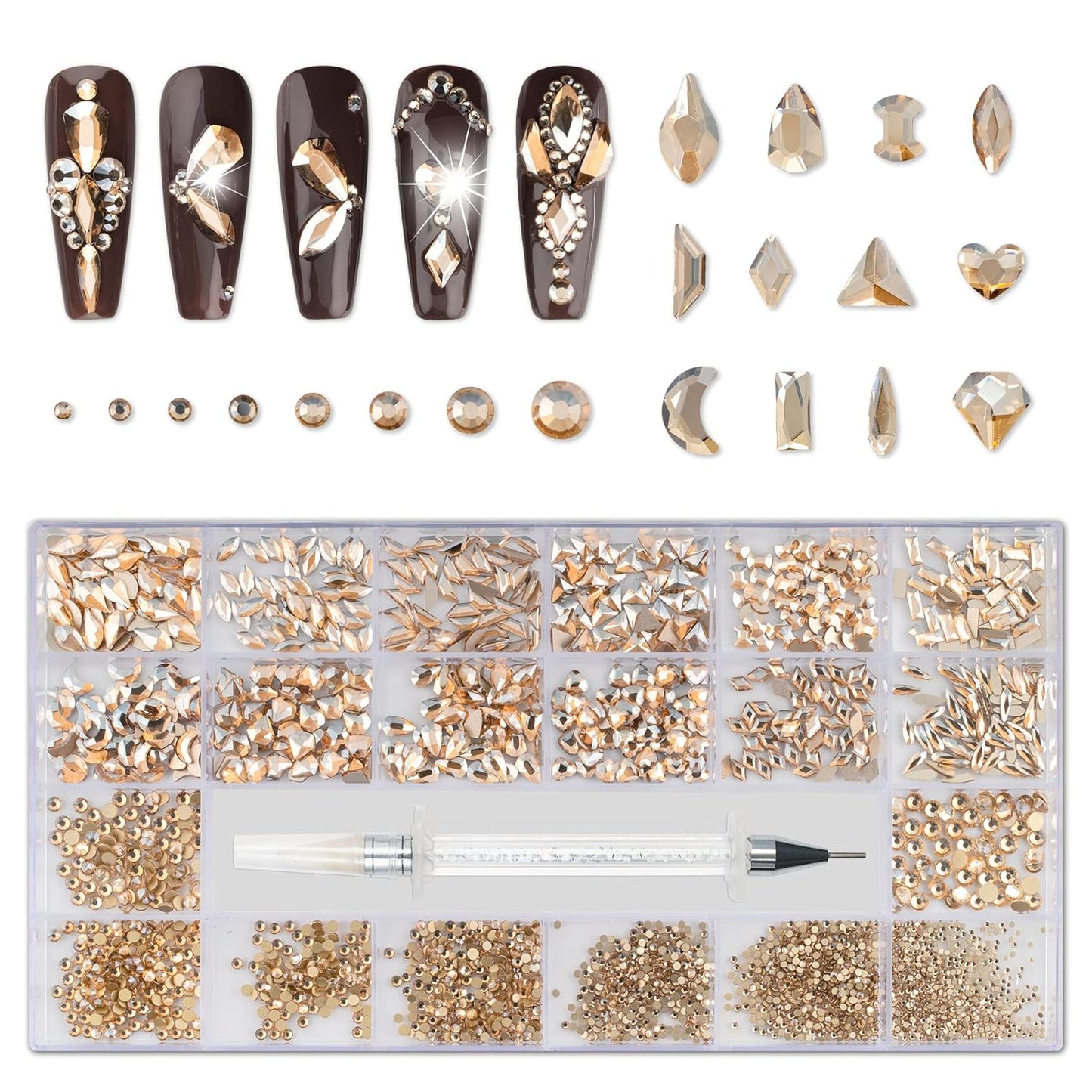Nail Rhinestones Kit, Nail Art Decorations with Wax Pencil Flat AB Rhinestones Kit DIY Crafts Gemstones for Nail, Shoes, Clothes, Jewels (600 Champagne diamonds + 2500 flat rhinestones)-BrightBean Baby