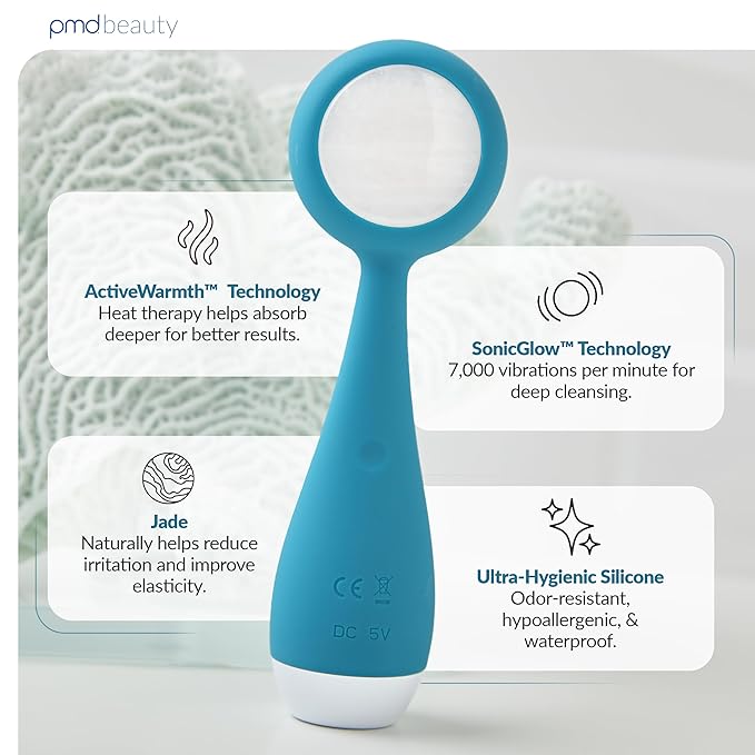 PMD Beauty Clean Pro Jade - Smart Facial Cleansing Device with Silicone Brush & Jade Gemstone ActiveWarmth Anti-Aging Massager - Waterproof - SonicGlow Vibration - Clear Pores & Blackheads-BrightBean Baby