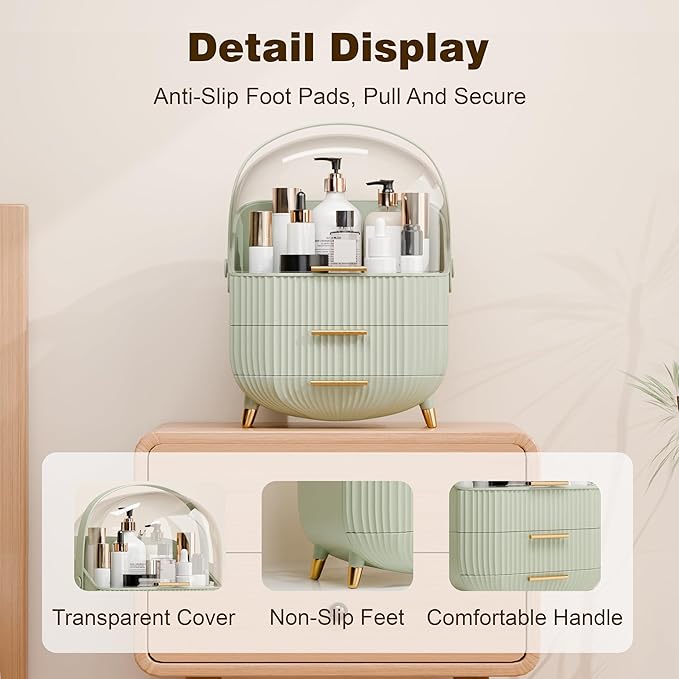 Makeup Organizers and Storage, Make up Organizer for Vanity Cosmetics Skincare Organizers With Lid and Drawers Display Cases for Countertop（Light Green）-BrightBean Baby