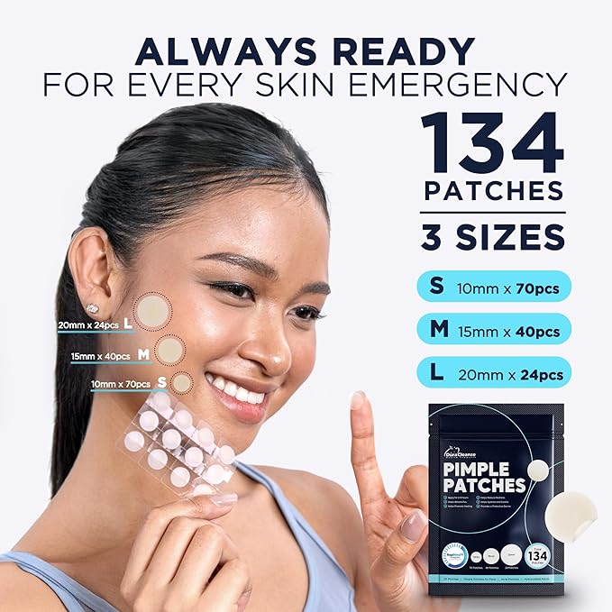 Pimple Patches for Face - 134 Count Hydrocolloid Acne Patches - Zit, Blemish, Cystic Acne Dots & Dark Spot Treatment - Invisible Clear Pimple Patch Stickers for Forehead, Chin, Nose, 3 Sizes (S, M, L)-BrightBean Baby