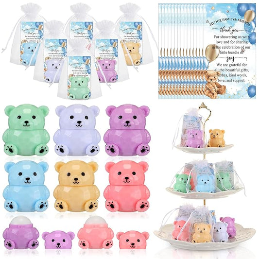 24 Sets Baby Shower Bear Lip Balm Favors Bear Lip Care Transparent Lipstick with Gift Bags and Thank You Cards for Baby Shower Gender Reveal Favors Decorations Gift Supplies-BrightBean Baby
