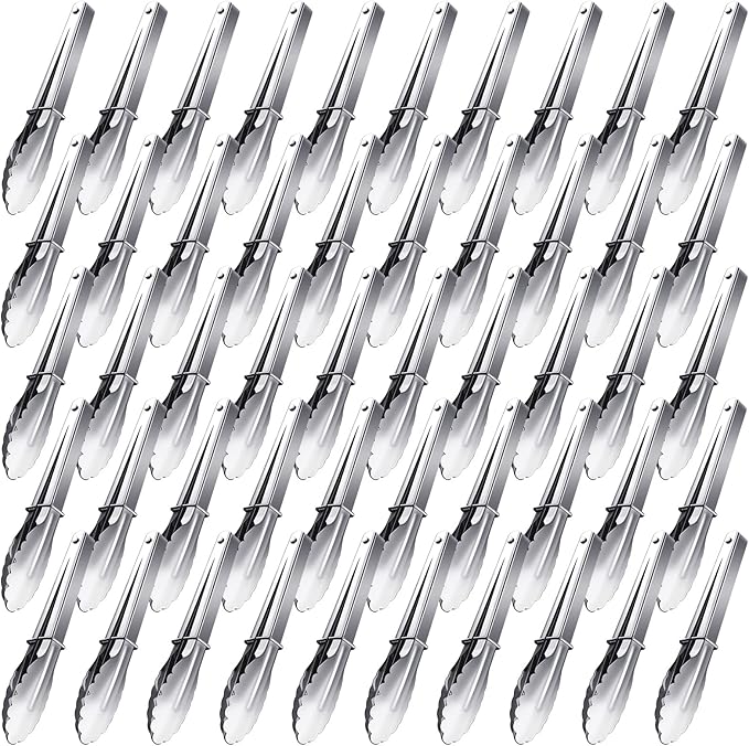 Meanplan 50 Pcs Small Stainless Steel Kitchen Tongs 7 Inch Food Serving Tongs Metal Cooking Clips High Heat Resistant Clips with Sliding Rings for Buffet Food Cooking Salad Grilling, Silver