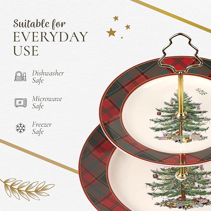 Spode Christmas Tree Tartan 2-Tiered Server, Holiday Cupcake Stand, Dessert Display Set, Earthenware Serving Platter, 10" & 8" Plates, Dishwasher Safe Serveware for Appetizers, Desserts, Cookies