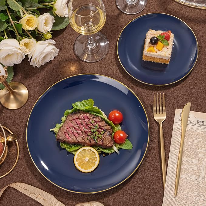 bUCLA 200PCS Blue Plastic Plates - Navy Blue Disposable with Gold Rim Include 100 Each (10 inch Dinner & 7 inch Dessert) Plates, Ideal for Party & Gathering