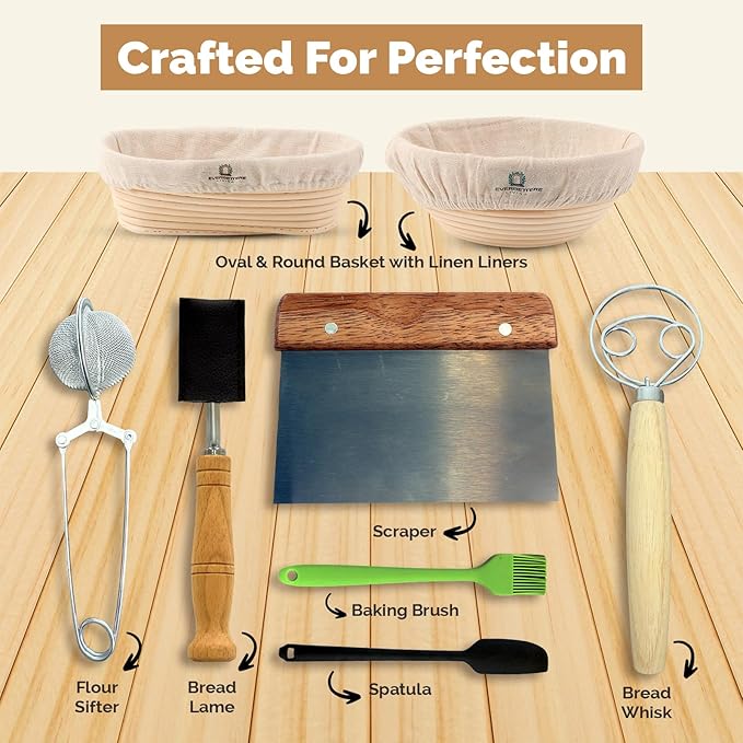 Banneton Proofing Basket Set – 10-Piece Sourdough Kit with Oval & Round Baskets, Dough Whisk, Lame, Scraper, Brush & Linen Liners – Artisan Baking Supplies for Home Bakers