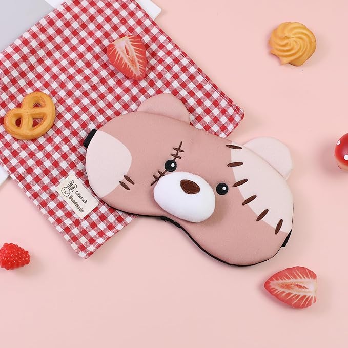 PERFECTSIGHT Sleep Eye Masks, Cute Plush Sleep Eye Cover Lightweight Adjustable Eyeshade Faux Fur Mask Cover for Women Men Kids Sleep Travel Nap, Big Eye Girl, Purple Nose, Brown Pudding Bear-BrightBean Baby