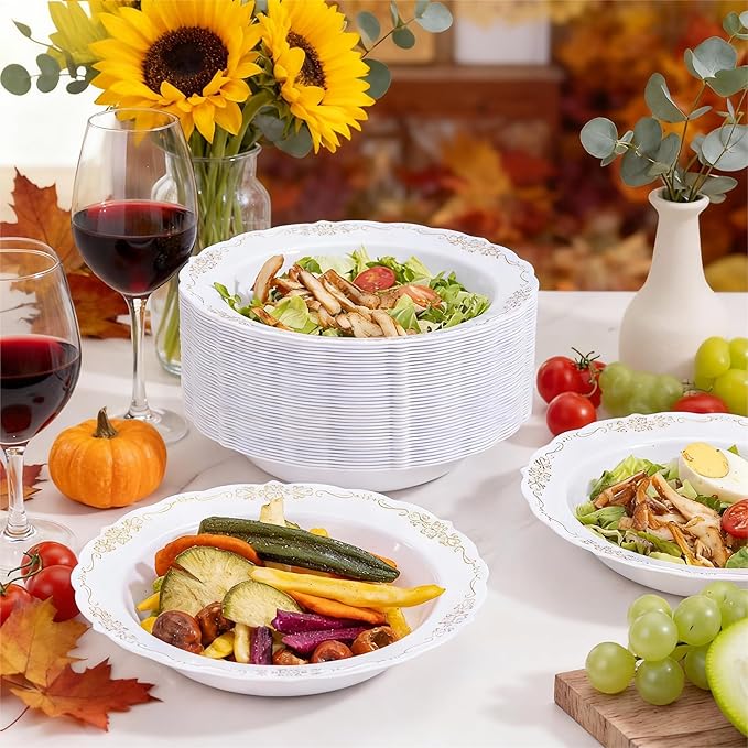 DaYammi 100 Pack Plastic Bowls with Gold Rim, 12oz Disposable Soup Bowls, Plastic bowls Disposable Heavy Duty Dinner bowls for Weddings, Parties, Catering and Everyday Use