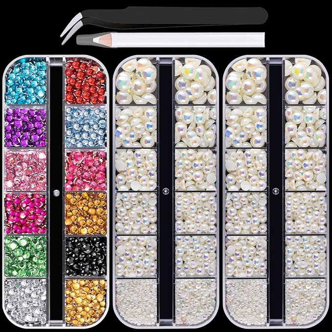 Flat Back Rhinestone+Half Round Pearl Kits Colorful Rhinestones+Beige AB Pearls With Picker Pencil And Tweezer For Home DIY And Professional Use-BrightBean Baby