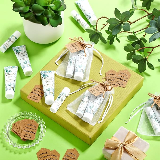 200 Pcs Baby Shower Wedding Party Favors Gift Set, 50 Pcs Baby Shower Hand Cream and 50 Lip Balm for Wedding Bridesmaid Guests Gift Supplies with 50 Organza Bag 50 Thank You Tag(Eucalyptus)-BrightBean Baby