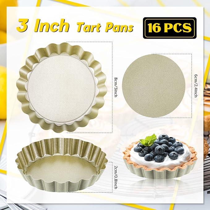 Tessco 16 Pieces Mini Tart Pans with Removable Bottom Nonstick Quiche Mini Pie Tart Pans Bakeware Mold Fluted Side for Pies(Gold Round,4 Inch)