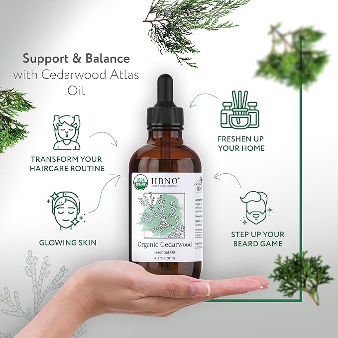 HBNO Organic Cedarwood Essential Oil - Huge 4 oz (120ml) Value Size - USDA Certified Organic Cedarwood Essential Oil for Aromatherapy, Soap Making, DIY, Fragrances, Diffuser.-BrightBean Baby