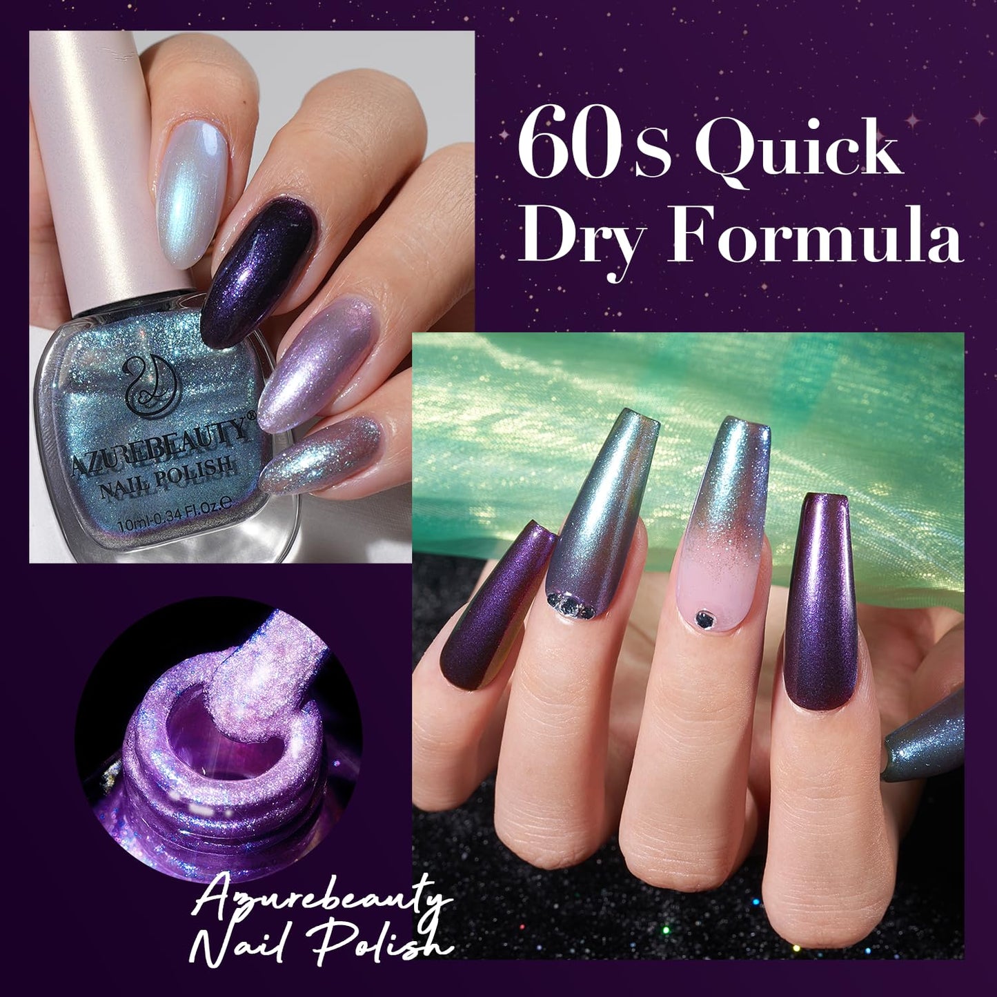 AZUREBEAUTY Holographic Nail Polish Set: 4 Colors Quick Dry Purple Pink Chameleon Fall Winter Natural Fingernail with Top Coat DIY Salon Gift for Women-BrightBean Baby