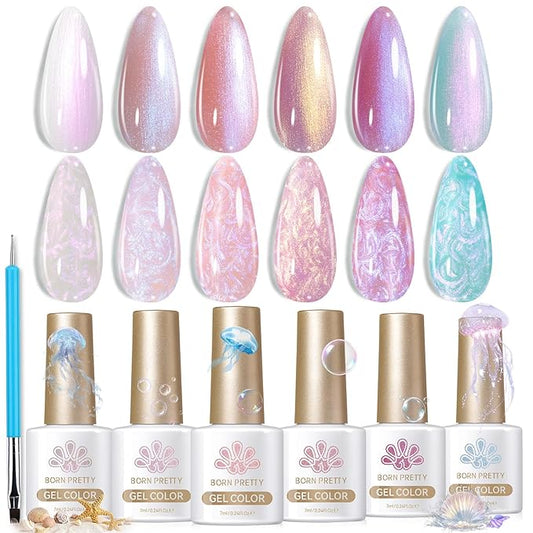 Born Pretty Pearl Gel Nail Polish Aurora Iridescent Glitter Shimmer Mermaid Pearl Gel Polish Drawing Gel Nail Polish Shell Swirl Thread Effect Nail Gel Soak Off Led Summer DIY Gift 6PCS-BrightBean Baby