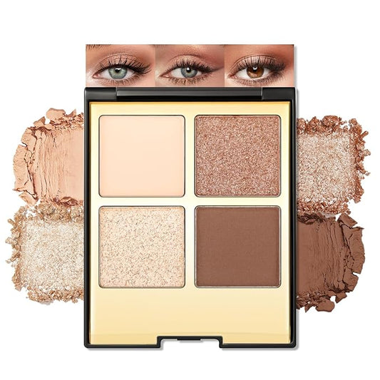 Erinde 4 Colors Eyeshadow Palette Eye Shadow Makeup, Matte Shimmer Metallic Off-white Champagne Reddish brown Nude Neutral Eyeshadow, Long Wearing, Pigmented Blendable, Quad Eye Shadow Palette, 04-BrightBean Baby