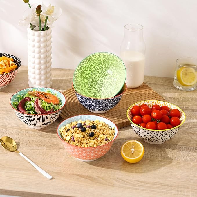 Cereal Bowls Set of 6 for Kitchen, 23oz Ceramic Bowls for Soup, Salad, Dessert, Rice, Serving, Oatmeal, Dishwasher & Microwave Safe, Assorted Colors