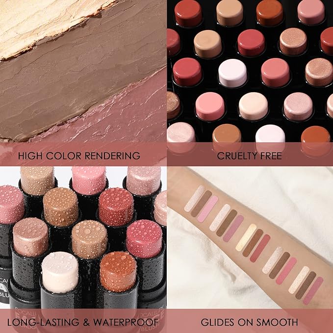FOCALLURE 3 Pcs Cream Contour Sticks,Shades with Highlighter & Bronzer & Blush,Non-greasy Long-wear Face Contouring Pen,Easy to Sculpt the Face and Create a Lightweight Finishing Makeup,DEEP-BrightBean Baby