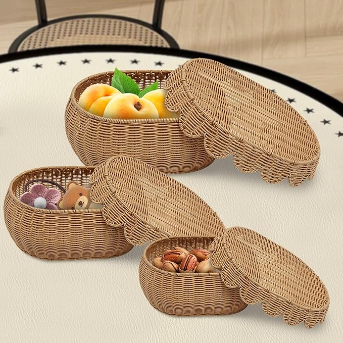 3 Pcs Wicker Storage Baskets with Lid Hand Woven Plastic Wicker Set Round Scalloped Organizer Box Natural Woven Storage Bins for Picnic,Bread,Eggs,Fruits