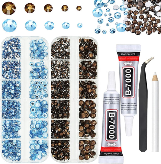Rhinestones for Bedazzling with B7000 Glue, Light Blue Brown 2mm 3mm 4mm 5mm 6mm (SS8-SS30) Non-Hotfix Flatback Diamonds Kit, Nail Crystals Gems Beads for Bedazzle Crafting, DIY Nail Art-BrightBean Baby