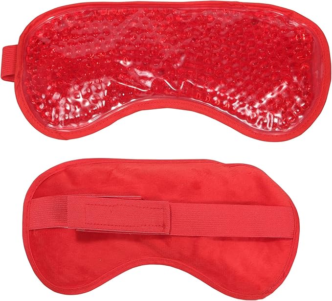 HOT +Cold Aqua Pearls Plush Eye Mask with Soft Plush Backing and Fully Adjustable Strap, Bonus Mini Round pad-2PACKS(Red, Eye Mask+ Mini Round Pad)-BrightBean Baby