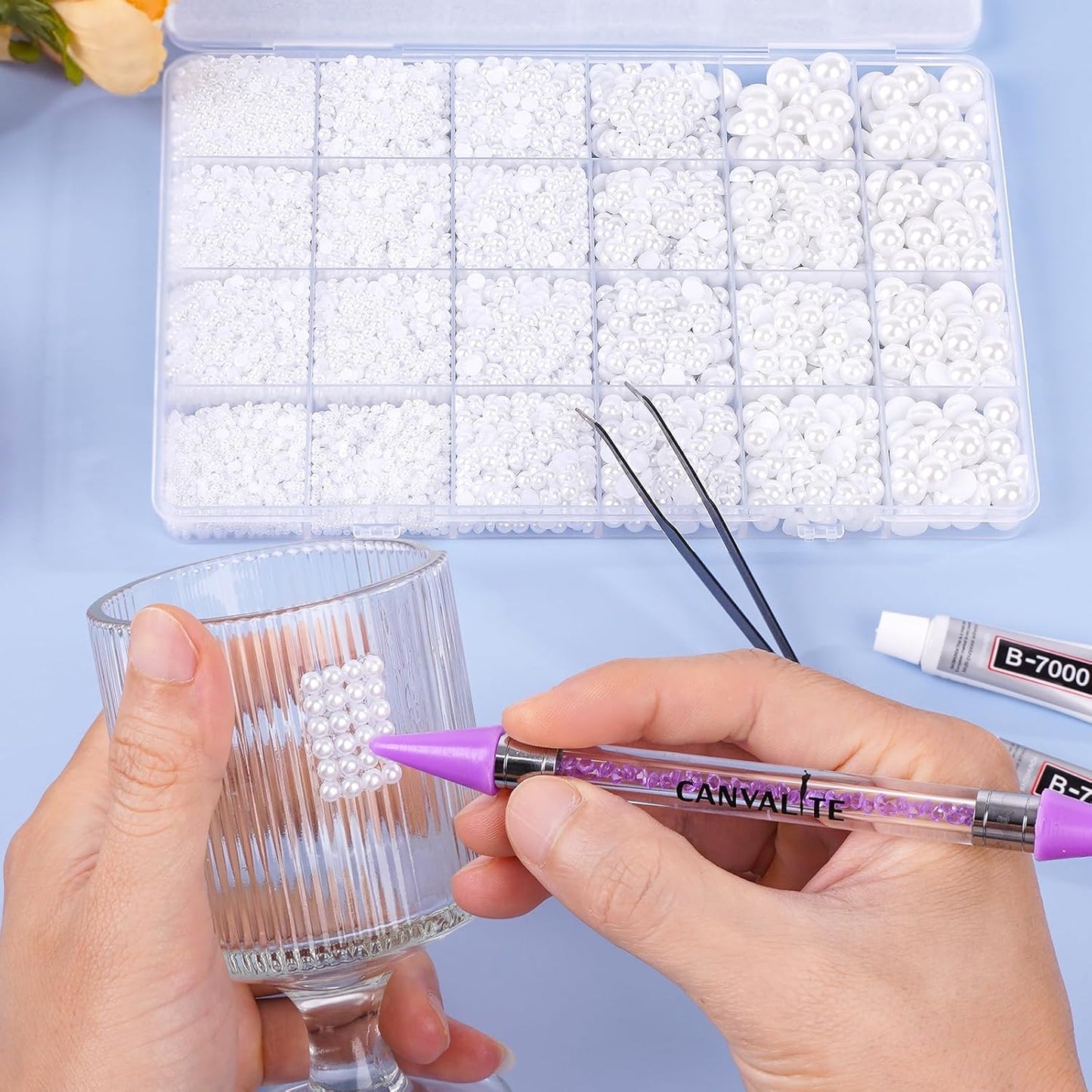 Canvalite 11000Pcs Flatback Pearls for Crafting, Multiple Sizes Half Nail Pearls with 5Pcs B7000 Jewelry Glues & Picker Tools Bedazzling Bead for DIY Crafts Clothing Tumblers Shoes Decors Nail Art-BrightBean Baby