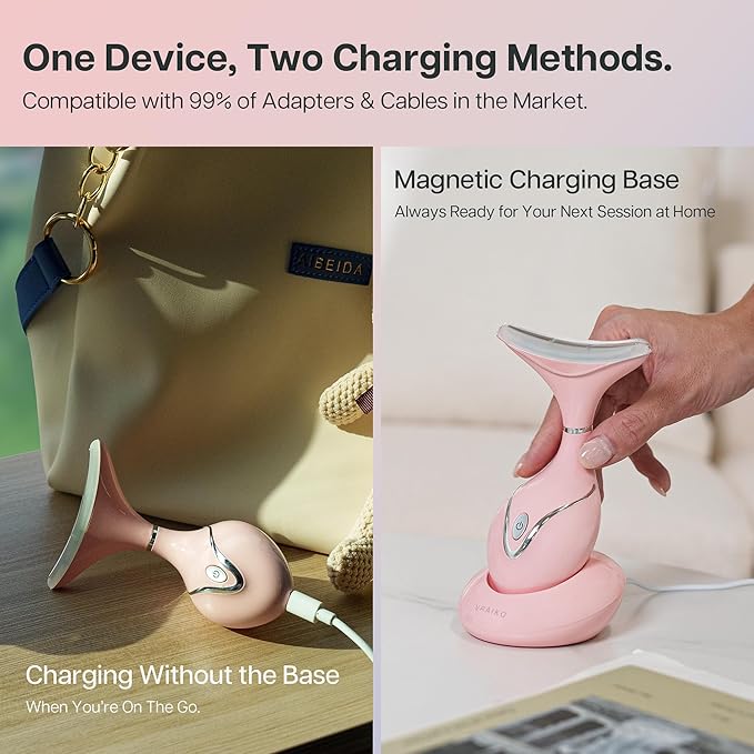 Iris Neck Face Massager, Pro Face Sculpting Tool with Charging Base, All-in-1 Facial Device for Enhanced Absorption, Radiance, Contouring, Elasticity, Home Facial Spa (Pink)-BrightBean Baby