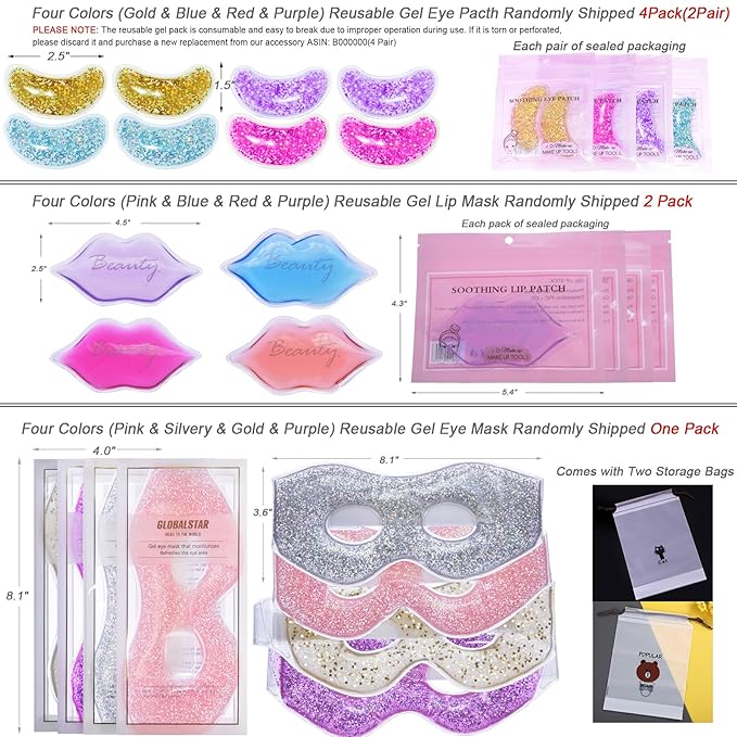 Ice Under Eye Patches Eye Mask Lip Care Gel Pads Treatment Mask Lip Mask, Cooling Eye Lip Gel Masks Cold Hot Therapy for Wrinkles Firming Swelling Cosmetic Bruising Reusable 7 Pack-BrightBean Baby