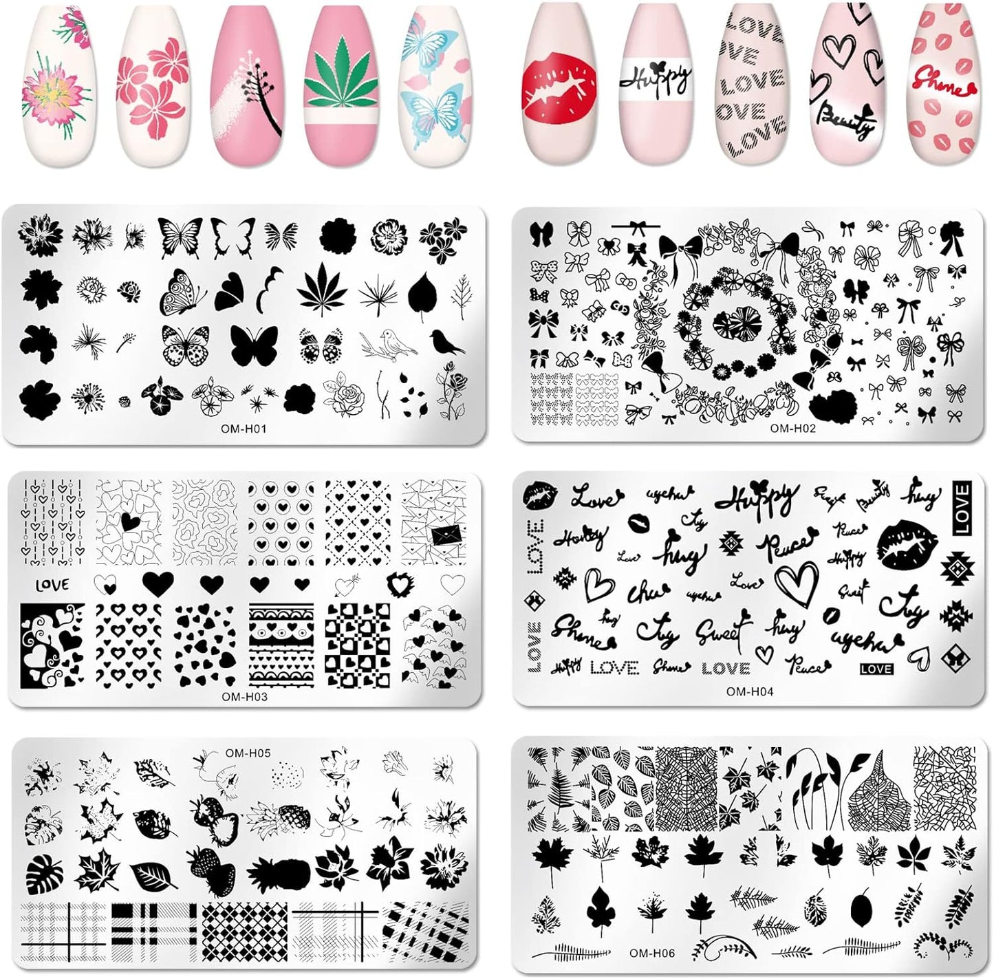 6pcs Nail Art Stamping Plates Set Manicuring Accessories Butterfly Leaves Flowers Fruits Geometry Heart Love Image Template for DIY Tips Decoration-BrightBean Baby