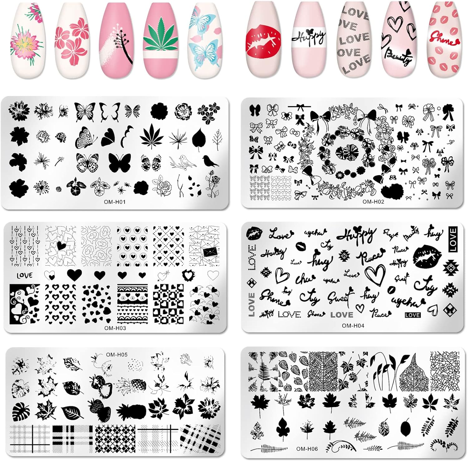 6pcs Nail Art Stamping Plates Set Manicuring Accessories Butterfly Leaves Flowers Fruits Geometry Heart Love Image Template for DIY Tips Decoration-BrightBean Baby