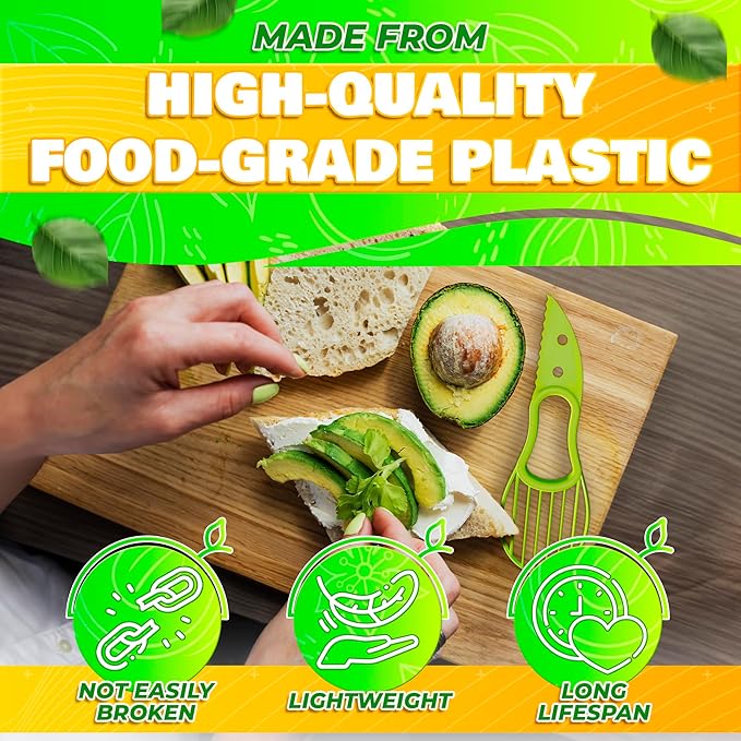 Avocado Slicer Tool 3 in 1 – Food-Grade Plastic Cutter, Peeler & Pit Remover for Easy Slicing, Scooping & Quick Food Prep – Easy to Use Kitchen Stocking Stuffers, Durable with Ergonomic Design