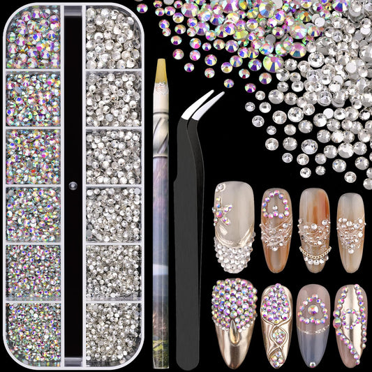 3600pcs Glass AB and Transparent White Nail Rhinestones 6 Sizes(1.8/2/2.4/2.8/3/4mm) Flatback Crystal Nail Charms Jewels Decoration for Nail Art and Crafting, Tweezer and Pickup Pen included-BrightBean Baby
