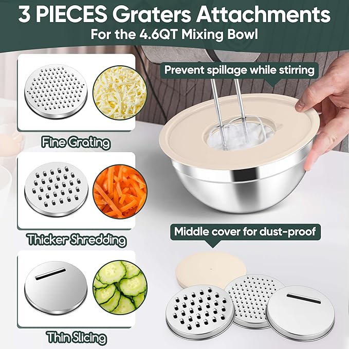 Herogo 5-Piece Mixing Bowls with Lids, 3 Grater Attachments, Stainless Steel Salad Bowls for Kitchen, Size 4.6, 3.5, 2.5, 2, 1.5QT Ideal for Baking, Prepping, Mixing and Serving, Khaki