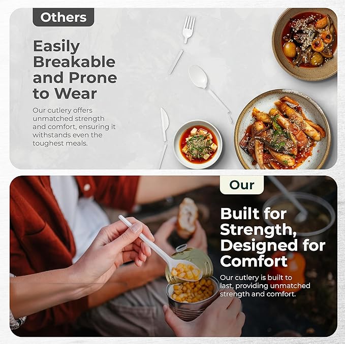 100% Compostable cutlery knives forks spoons 150 Large Disposable Biodegradable Compostable Utensils Durable HeavyDuty Silverware heat resistant alternative to plastic with convenient tray 150pc 7inch