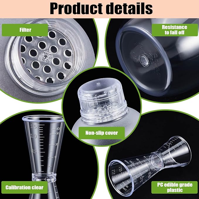 8 Pcs Plastic Cocktail Shaker Set 6 Pcs 24 oz Drink Shaker 2 Pcs Double Measuring Jigger Clear Plastic Bottle Tea Drink Mixer Cocktail Measuring Cup for Kitchen Bar Party Tools