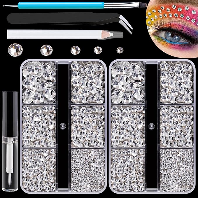 Colorful Face Gems for Makeup Set, Flatback Gorgeous Charming Clear Gass Gem with Makeup Glue+Picker Pencil+Tweezer+Dual-End Dotting Tool for Eye Body Hair Make-up and Nail Art Deco-BrightBean Baby