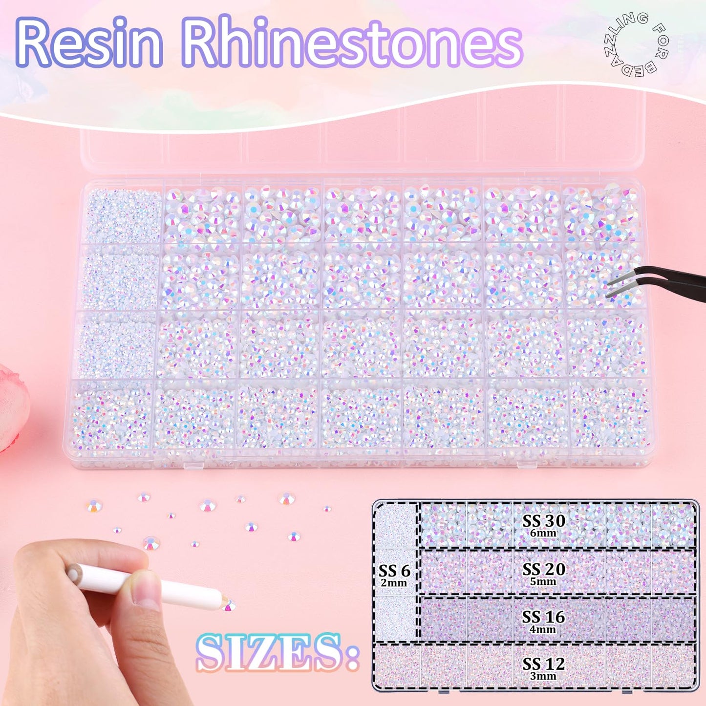30000Pcs Resin Rhinestones for Bedazzling with 3Pcs B7000 Jewelry Glue, White AB Flatback Gems Rhinestones for Crafting, Clothing Tumblers Mugs Shoes Fabric Decor Nail Art-BrightBean Baby