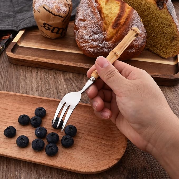 8-Piece Natural Bamboo Small Dessert Forks, 6.3 Inches Stainless Steel with Bamboo Handle, Cake Forks