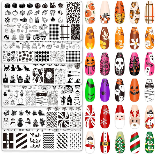 Whaline 6Pcs Fall Halloween Christmas Nail Plates Stamping Set Pumpkin Ghost Snowman Stamp Templates Nail Art Plates for DIY Print Manicure Salon Design-BrightBean Baby