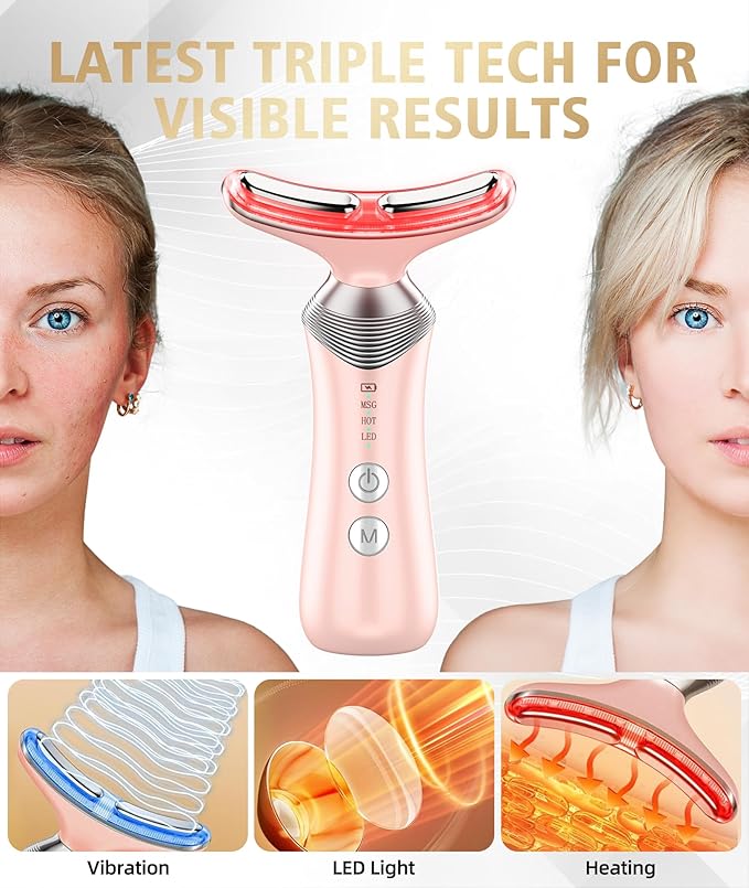 9-in-1 Red-Light-Therapy-for-Face-and-Neck, Portable Facial Massager Tool with Adjustable Vibration & Thermals for Wrinkles, Double Chin, Pink-BrightBean Baby