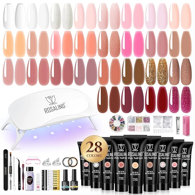 ROSALIND Poly Nail Gel Kit for Beginners - 28 Colors Extension Gel Set with UV/LED Nail Lamp, 72 Accessories (Base/Top Coat, Nail Forms, Tools), Long Lasting Salon Kit for DIY Manicure-BrightBean Baby