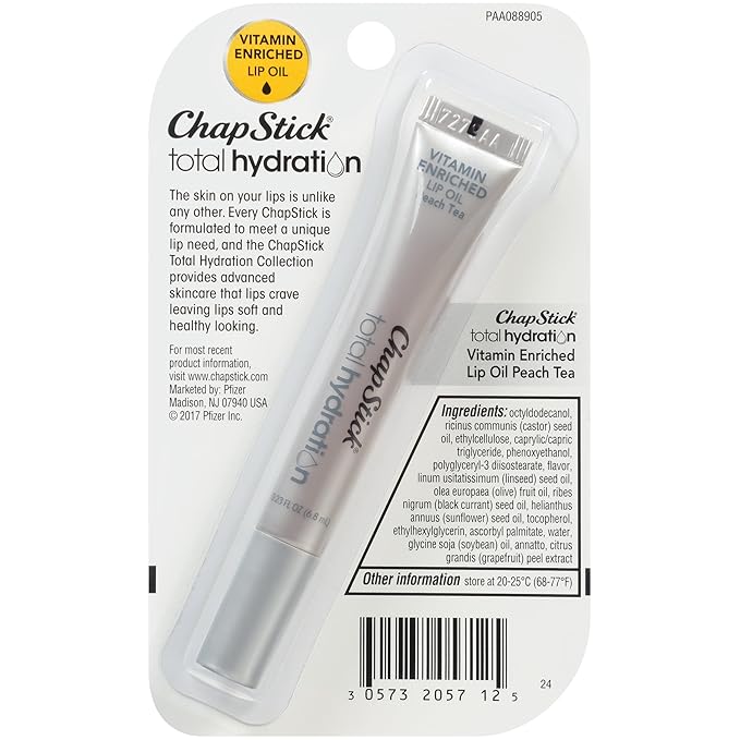 Chapstick Total Hydration Vitamin Enriched Lip Oil, Non Tinted, Vitamin c, vitamin E, Contains Omega 3 6 9, Peach Tea Flavor, 0.23 Fl Oz (Pack of 1)-BrightBean Baby